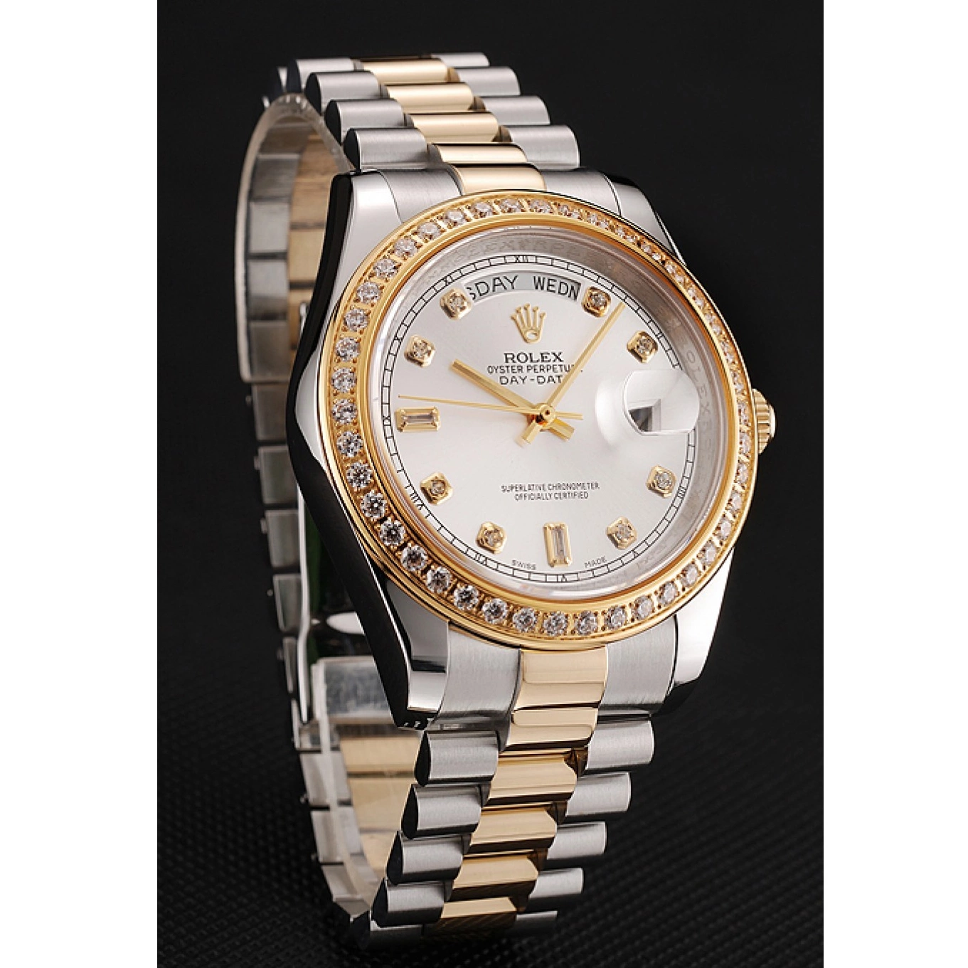 Rolex copies cheap Gold Dial Day-Date Tone Rolex 1453972 Case Diamond White Bracelet Two Steel Swiss Stainless 0529